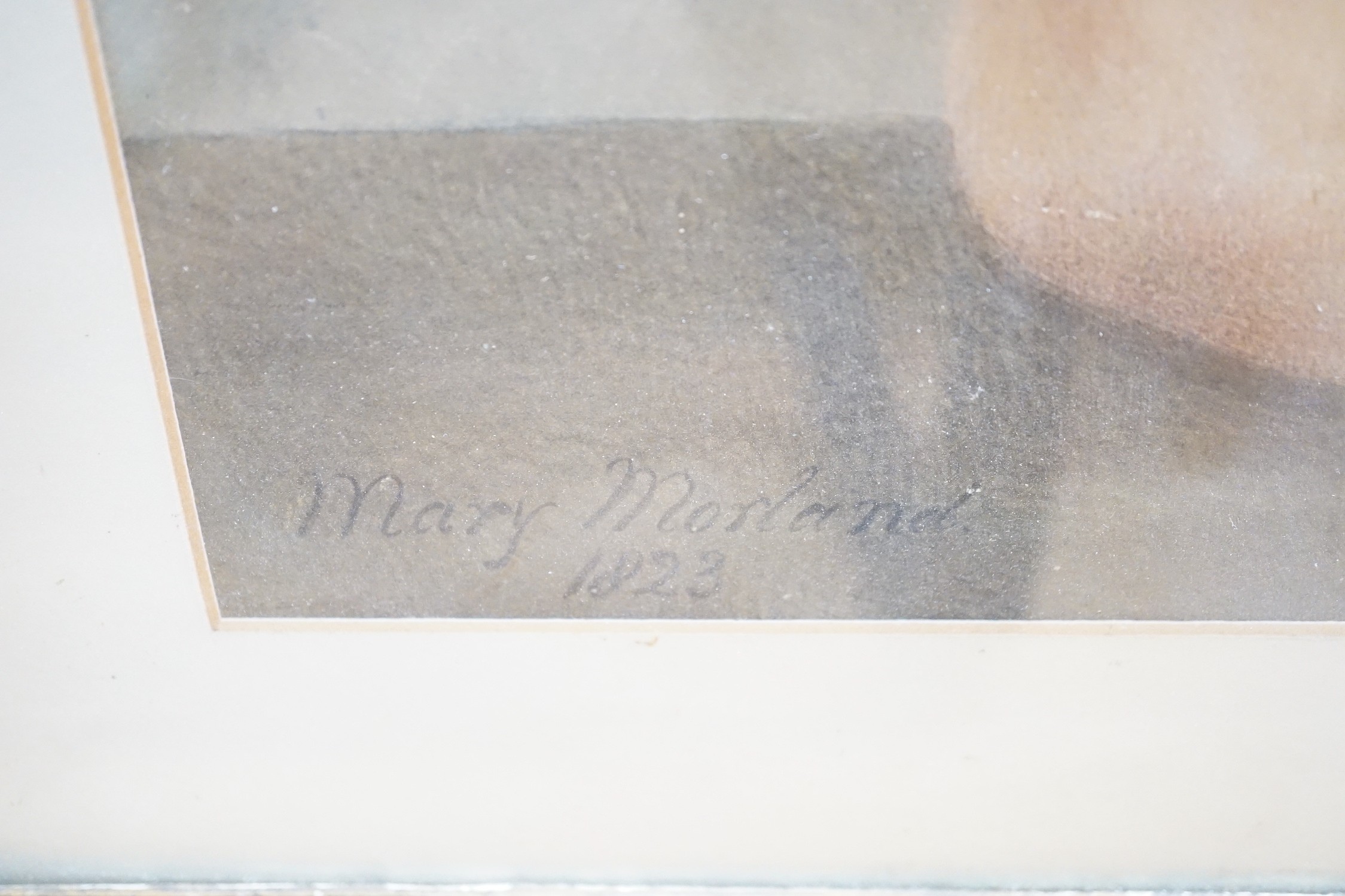 Mary Morland after Raphael, watercolour, study of an angel, signed and dated 1823, 42 x 53cm (a.f.), maple framed
